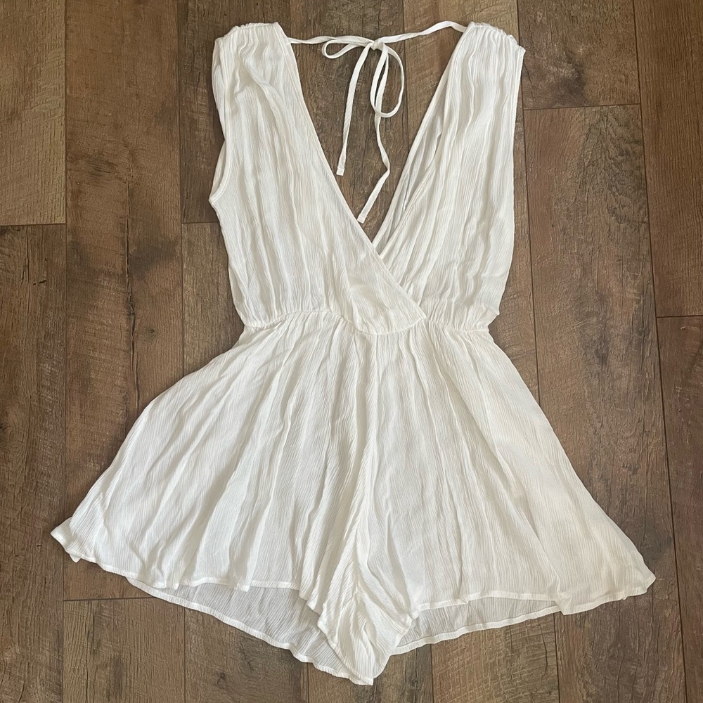 Zenana Women's Sleeveless Elastic Waist Drapped Romper with Tie Open Back Size L